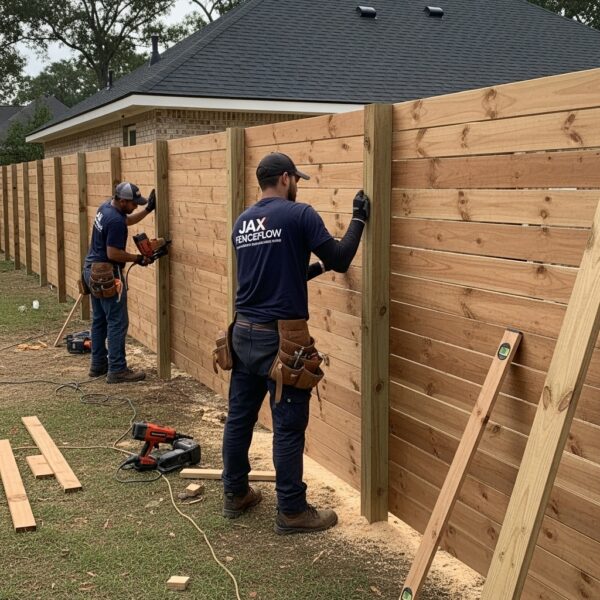 “Two Jax Fenceflow crew members building a board-on-board wood fence in a residential backyard, attaching overlapping wooden boards with professional tools and showing high-quality craftsmanship.”