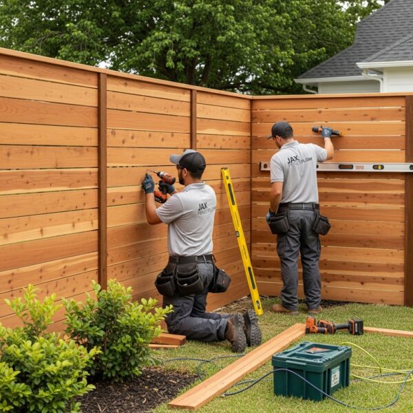 “Two Jax Fenceflow crew members installing a modern horizontal wood fence in a landscaped backyard, wearing branded uniforms and using professional tools to achieve precise, high-quality craftsmanship.”