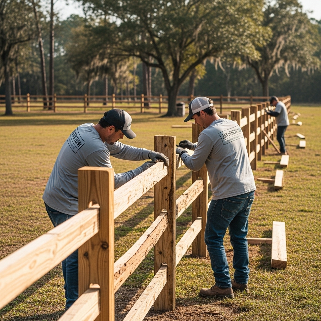 “Two Jax Fenceflow crew members in uniform installing a rustic split rail wood fence on a grassy property, showing natural wood texture and professional craftsmanship.”
