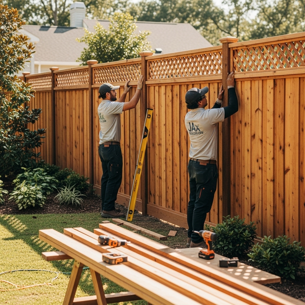 “Two Jax Fenceflow crew members installing a lattice wood fence in a residential backyard, showing detailed woodwork, aligned panels, and professional craftsmanship in natural sunlight.”