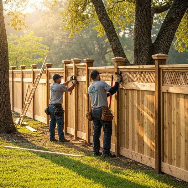 “Two Jax Fenceflow crew members installing a rustic decorative wood fence, showing natural wood grain, detailed craftsmanship, and a warm landscaped residential setting.”