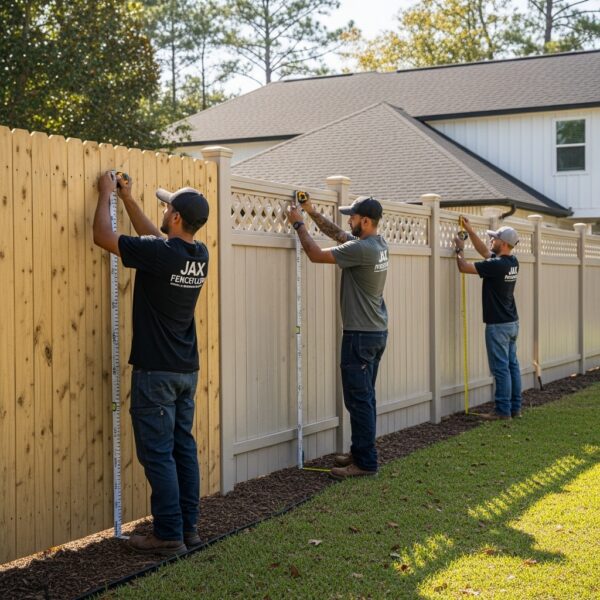 “Jax Fenceflow crew members adjusting and measuring tall, short, and custom-height fence sections in a residential yard, showing professional craftsmanship and height variety.”