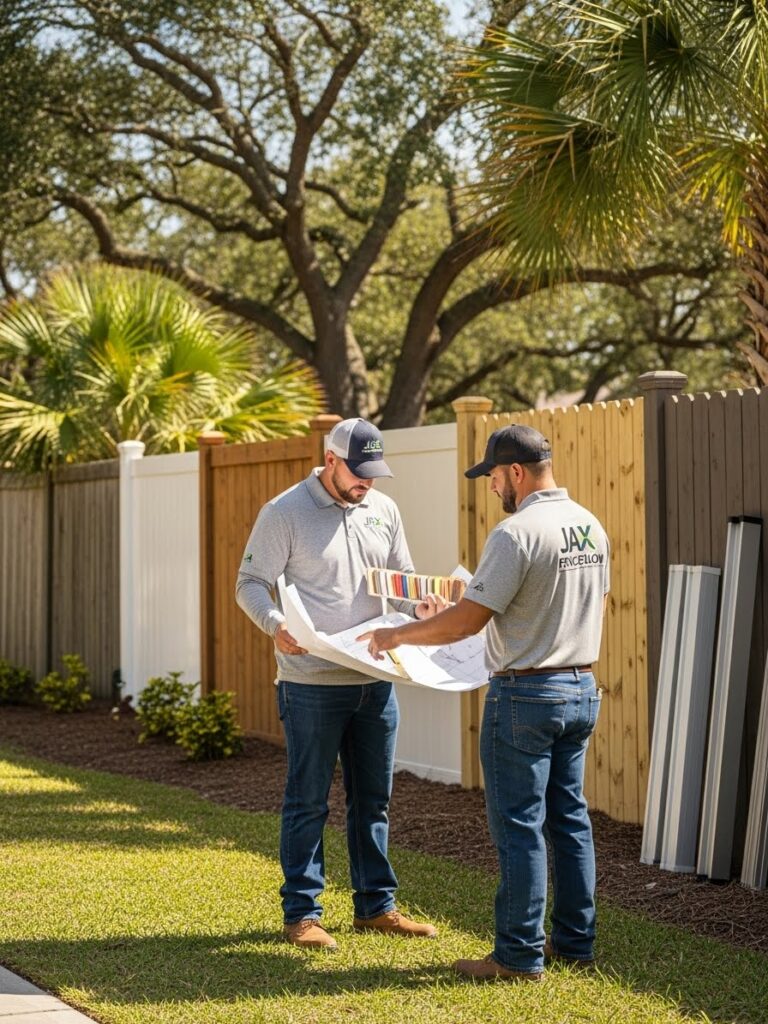 “Two Jax Fenceflow crew members reviewing fence plans in a Jacksonville neighborhood, with various completed fences in the background, highlighting their local expertise, HOA knowledge, and understanding of climate-suitable materials.”