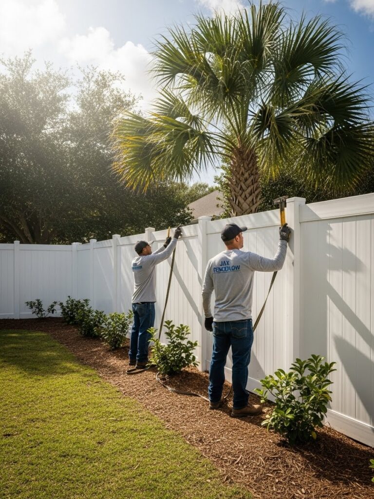 “Jax Fenceflow crew members installing a durable vinyl fence designed for Jacksonville weather, with bright sun, humid coastal air, and a clean white vinyl fence showing strength, stability, and weather resistance.”