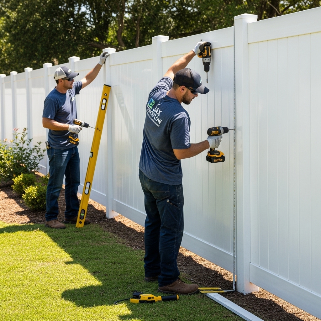 “Two Jax Fenceflow crew members in uniform installing white vinyl fence panels in a residential backyard, using professional tools and showing precise, high-quality craftsmanship.”