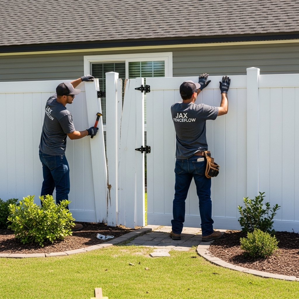 “Two Jax Fenceflow crew members in uniform repairing and replacing damaged sections of a white vinyl fence in a residential backyard, showing precise workmanship and a clear before-and-after result.”