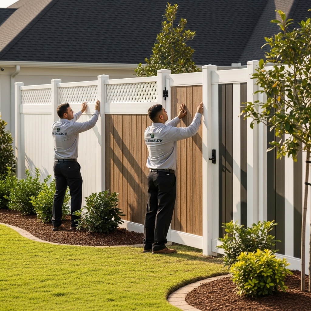 “Two Jax Fenceflow crew members inspecting custom vinyl fence panels with decorative and textured designs in a landscaped residential yard, highlighting professional installation and high-quality materials.”
