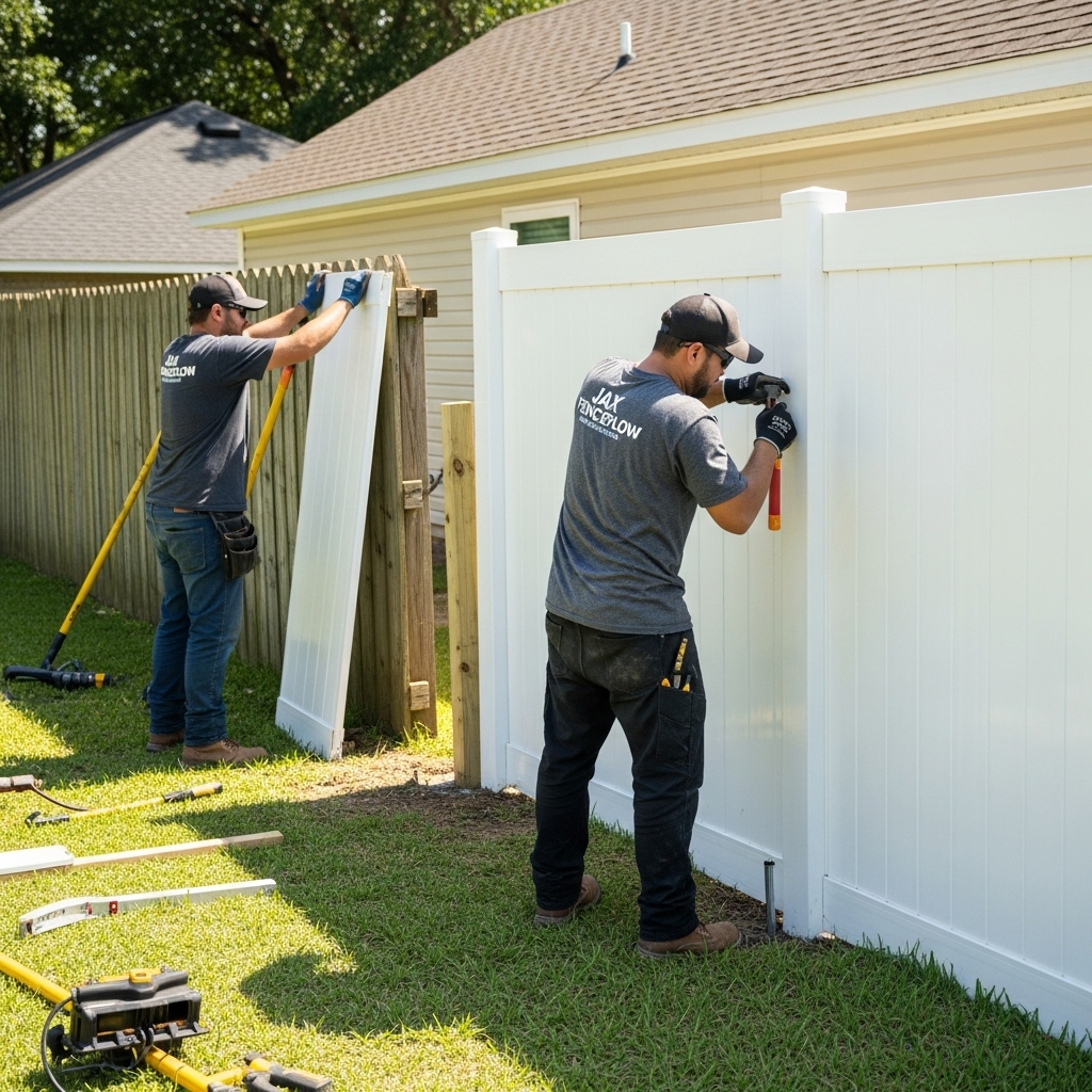 “Two Jax Fenceflow crew members in uniforms removing an old vinyl fence and installing a new vinyl fence in a residential backyard, showing a clear before-and-after effect with professional tools and craftsmanship.”