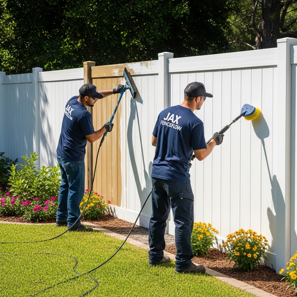 “Two Jax Fenceflow crew members in uniforms performing maintenance and upgrades on a vinyl fence in a residential backyard, showing a before-and-after effect with clean, smooth, and well-maintained panels.”
