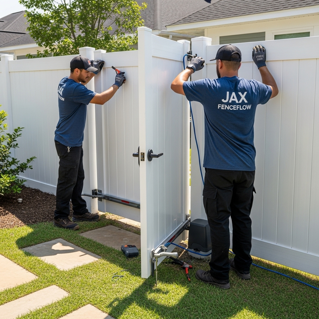 “Two Jax Fenceflow crew members in uniforms installing a modern vinyl gate with automated opening at a residential property, showing professional workmanship and precise installation.”