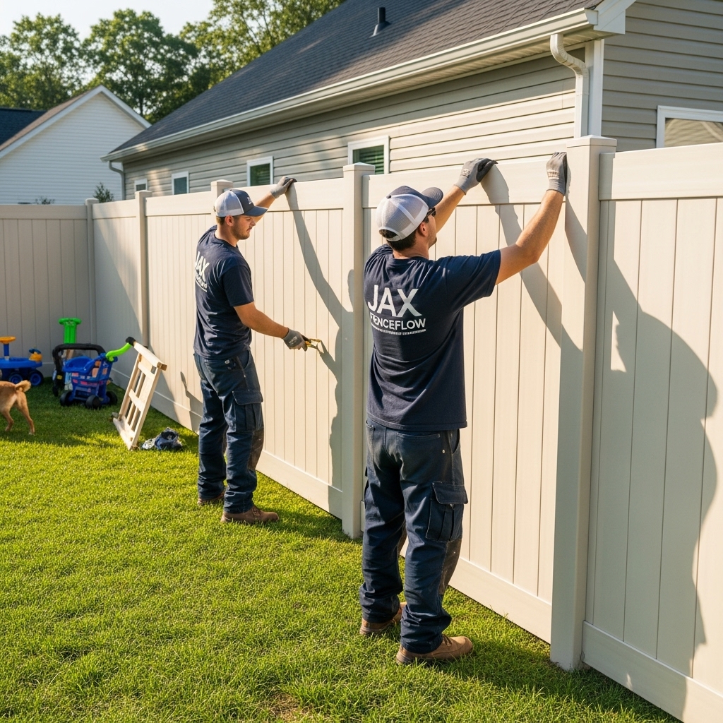 “Jax Fenceflow crew members installing tall vinyl privacy fence panels in a sunny backyard, showing durable, solid panels that provide safety and privacy for families.”