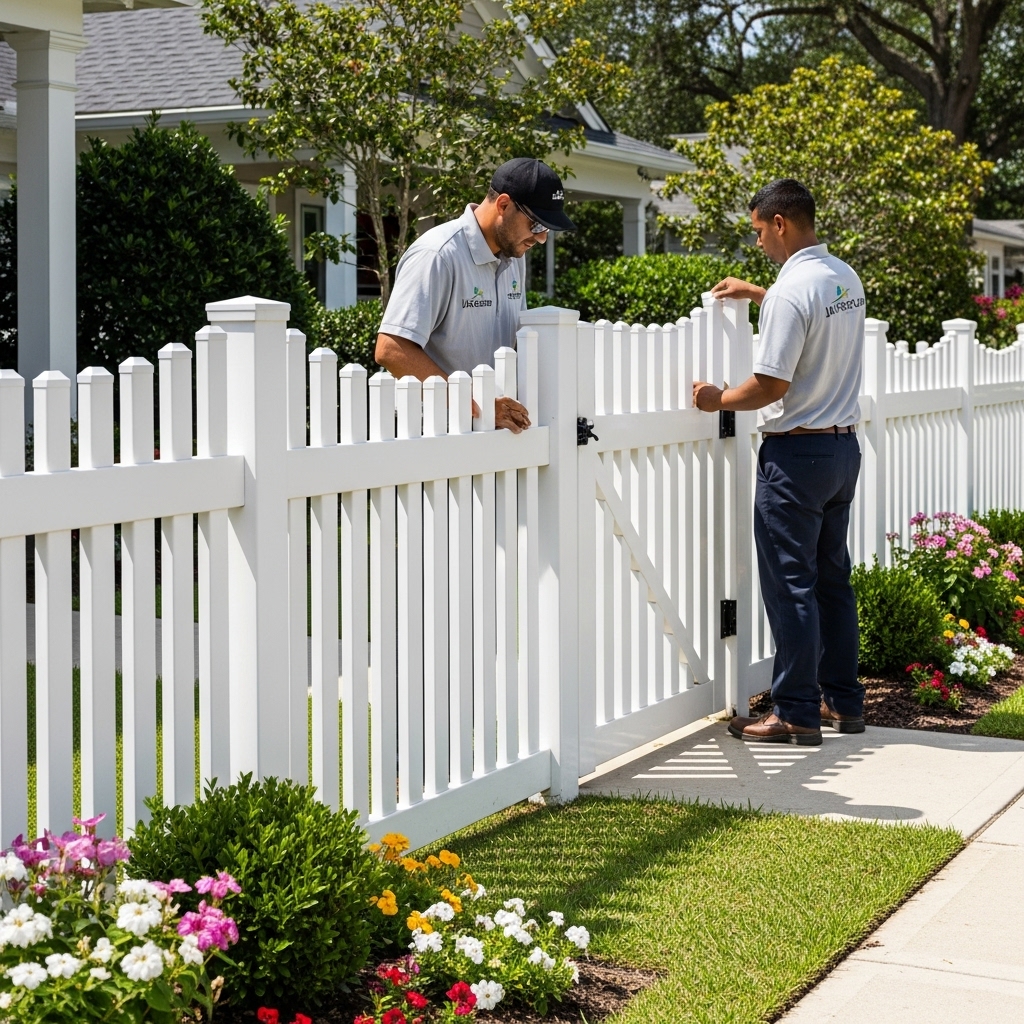 “Two Jax Fenceflow crew members adjusting a bright white vinyl picket fence in a well-kept front yard, highlighting its clean, low-maintenance design and classic curb appeal.”