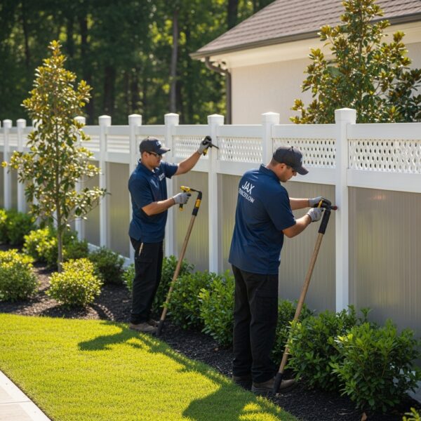 “Two Jax Fenceflow crew members finishing a decorative vinyl fence with ornamental details at a residential property, showing clean craftsmanship and a stylish, low-maintenance design in a landscaped yard.”