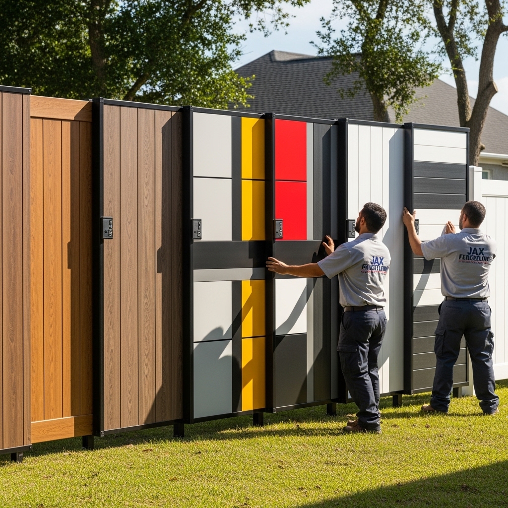 “Jax Fenceflow crew members showcasing custom vinyl fence panels in wood-grain finishes, bold colors, and modern designs, highlighting durable, low-maintenance options in a bright landscaped backyard.”