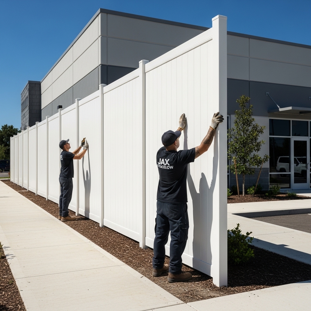 “Two Jax Fenceflow crew members installing a tall reinforced vinyl security fence at a commercial property, highlighting strength, durability, and professional craftsmanship.”