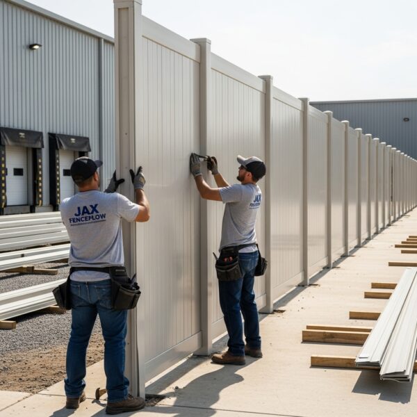 “Two Jax Fenceflow crew members installing industrial-grade vinyl fencing at a commercial property, using professional tools to secure heavy-duty panels designed for durability and security.”