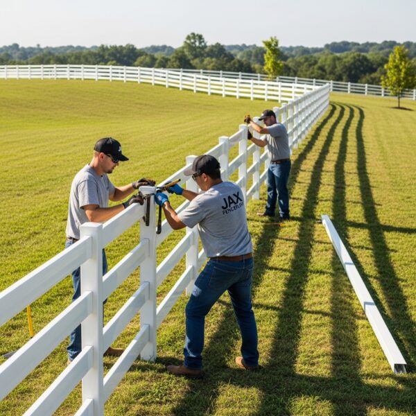 “Two Jax Fenceflow crew members in uniforms installing a white vinyl ranch-rail fence across a large open yard, showing precise alignment, durability, and professional craftsmanship under natural sunlight.”