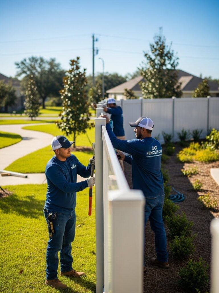 “Two Jax Fenceflow crew members in uniforms installing a durable, modern aluminum fence at a residential or commercial Jacksonville property, highlighting professional workmanship and precise alignment.”