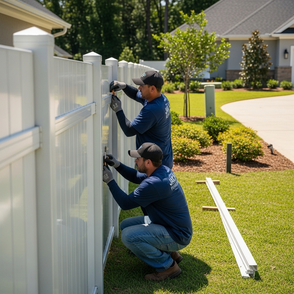 “Two Jax Fenceflow crew members in uniforms installing a sleek, rust-free aluminum fence at a residential property, showing precise installation, strength, and modern design.”