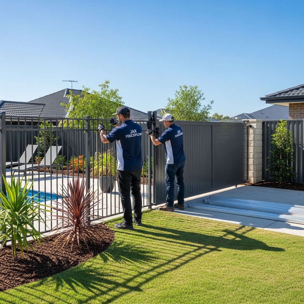 “Two Jax Fenceflow crew members in uniforms installing aluminum fences around a pool, driveway, and garden, showing safe, stylish, and precise fencing in a sunny residential backyard.”
