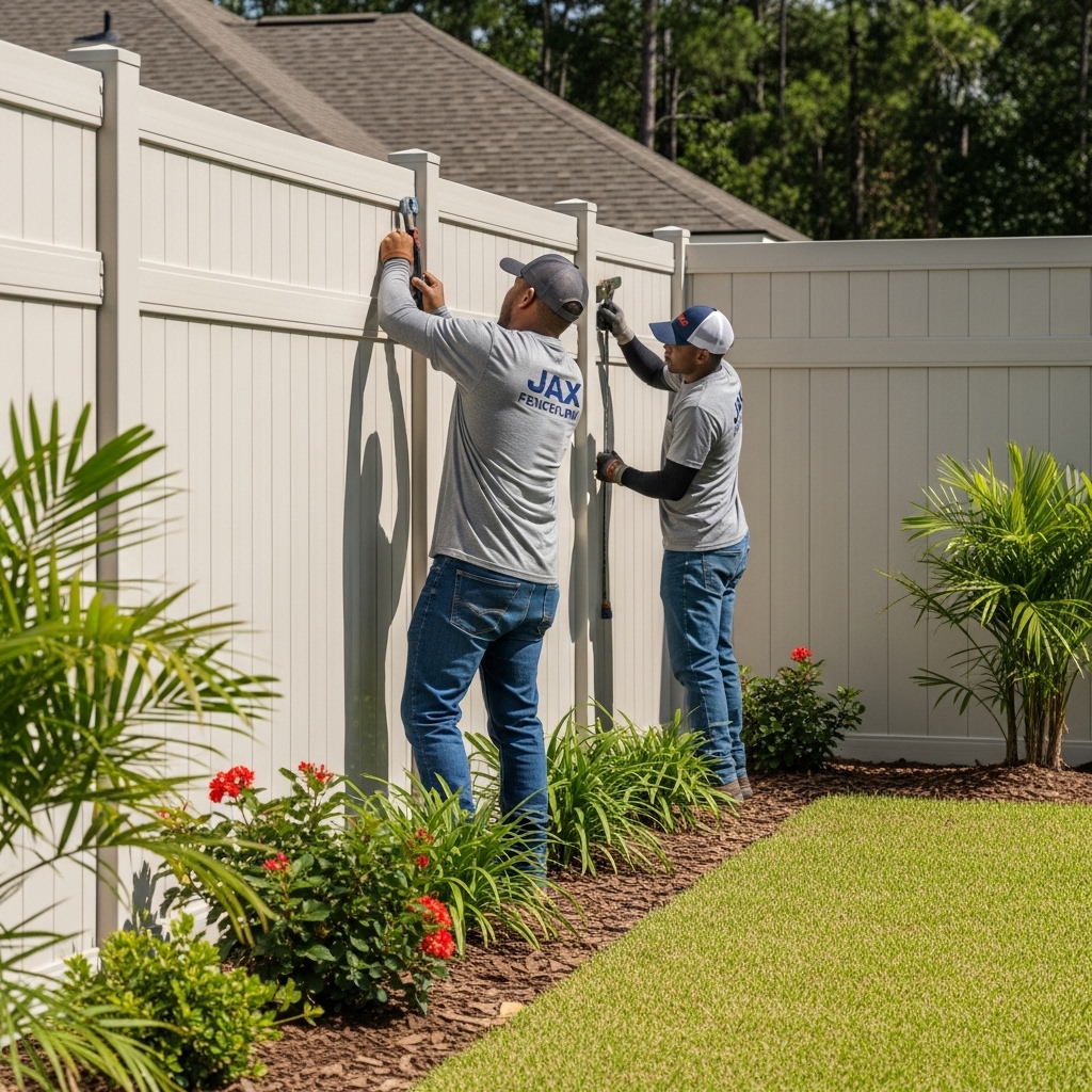 “Two Jax Fenceflow crew members in uniforms installing a stylish, HOA-approved aluminum fence around a residential backyard in Jacksonville, highlighting safety, curb appeal, and professional craftsmanship.”