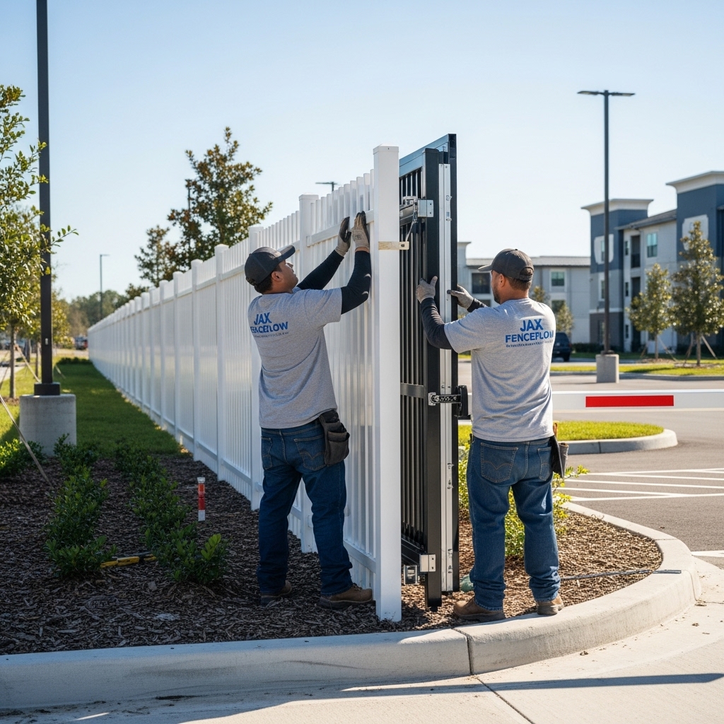 “Two Jax Fenceflow crew members installing a tall commercial aluminum fence and security gate at a business property, showcasing professional craftsmanship and durable perimeter protection.”