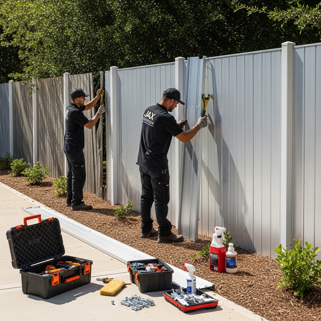 “Two Jax Fenceflow crew members repairing and replacing damaged sections of an aluminum fence, showing a visible before-and-after result with professional tools in a well-kept outdoor setting.”