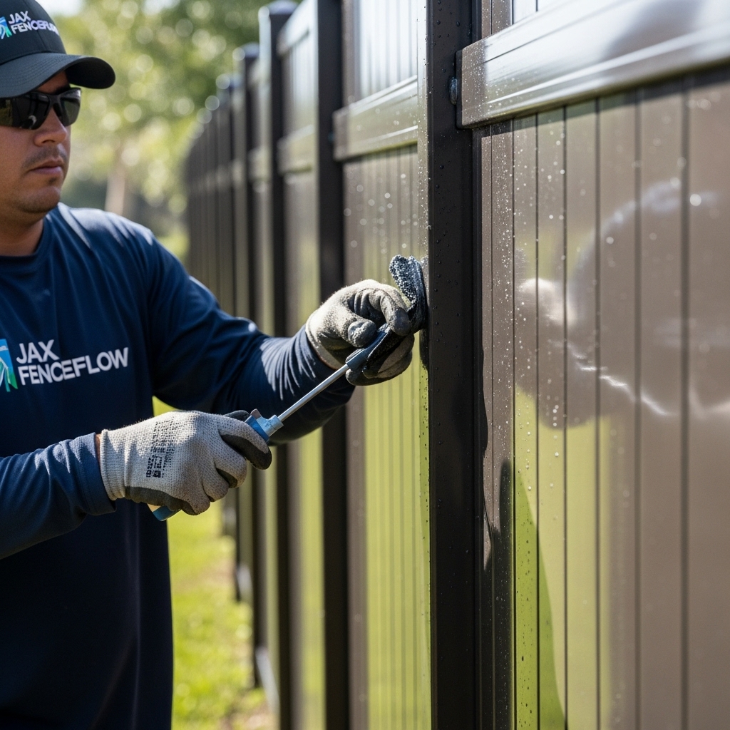 “A Jax Fenceflow crew member in uniform inspecting a powder-coated aluminum fence, showing its smooth, rust-resistant finish in a sunlit Jacksonville outdoor setting.”