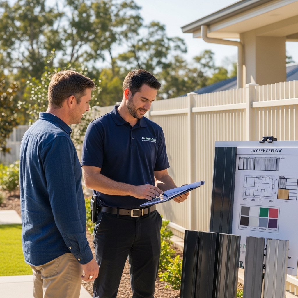 “Jax Fenceflow consultant in uniform showing custom aluminum fence design options to a client outdoors, using a tablet and sample panels to discuss styles and sizing for the property.”