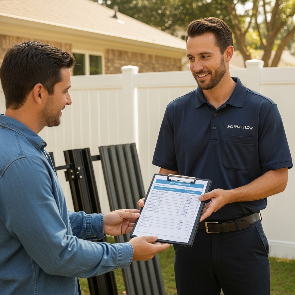 “Jax Fenceflow representative in uniform providing a homeowner with a clear, itemized aluminum fence estimate outdoors, with sample fence panels visible in the background.”