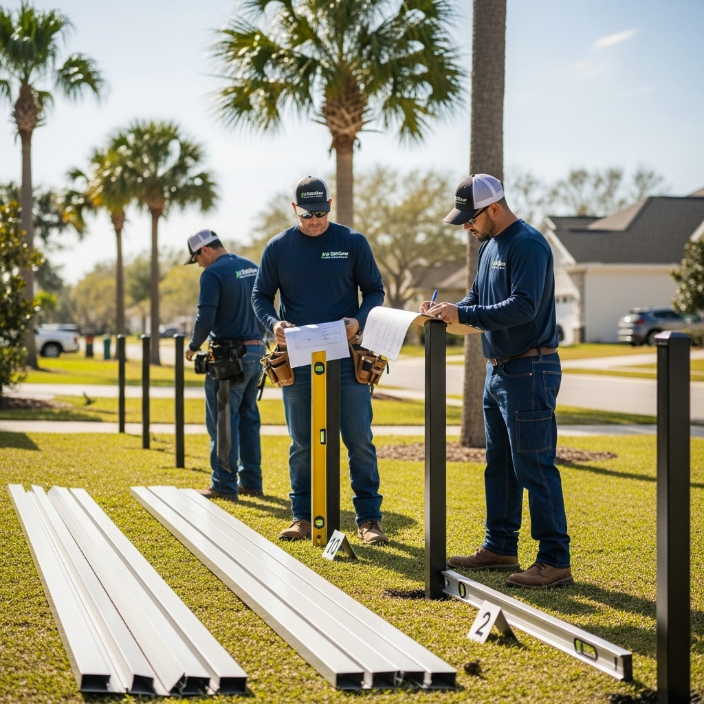“Two licensed Jax Fenceflow contractors reviewing plans and preparing for an aluminum fence installation at a Jacksonville home, with aluminum panels, post markers, and professional tools visible.”