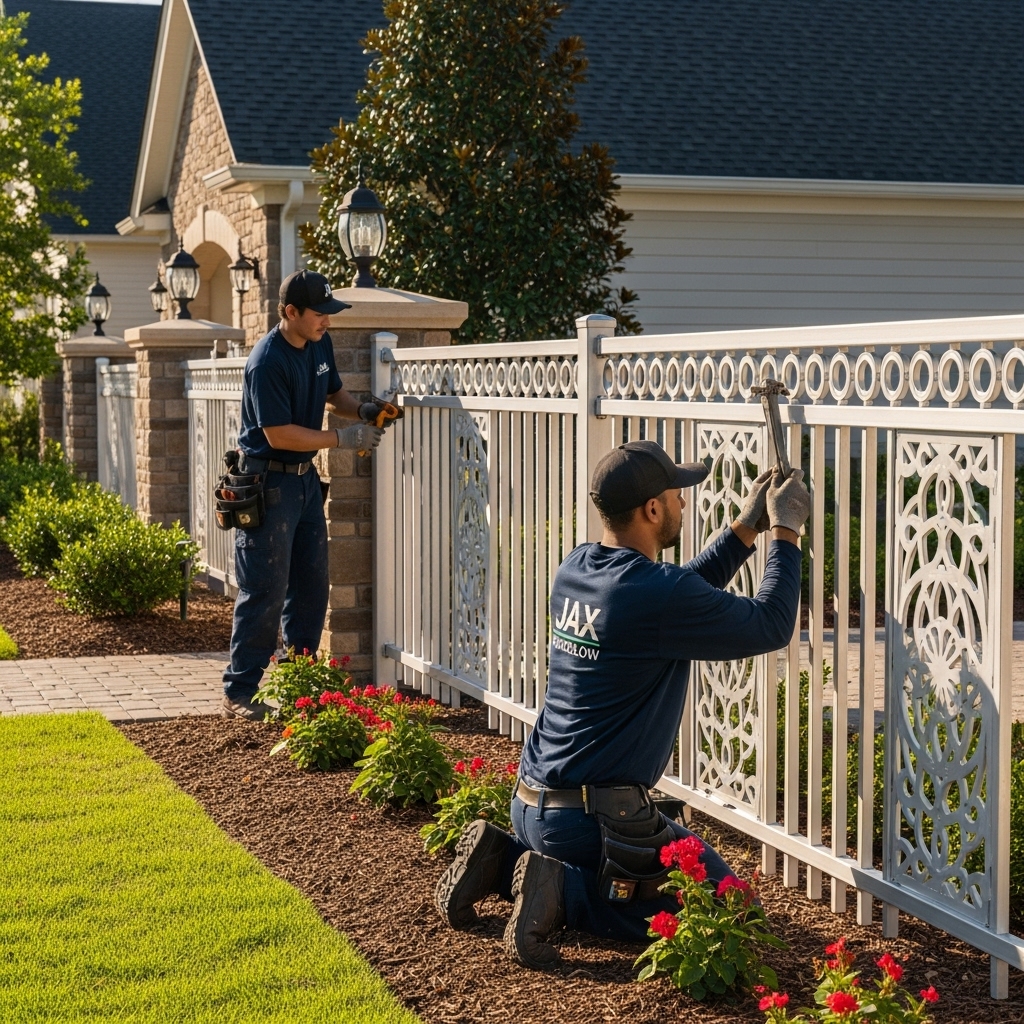“Two Jax Fenceflow crew members in uniforms installing an ornamental aluminum fence with decorative panels in a residential front yard, highlighting elegance, craftsmanship, and curb appeal.”