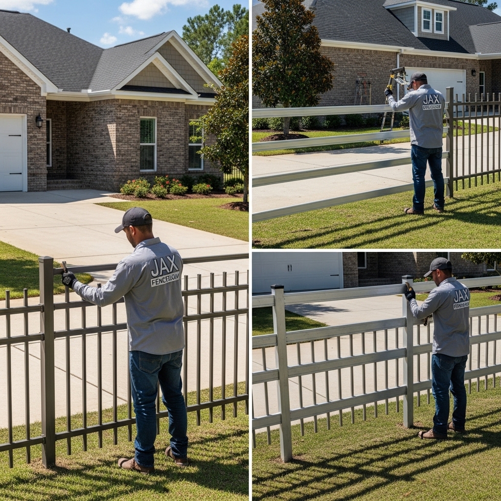 “Two Jax Fenceflow crew members in uniforms installing two-rail and three-rail aluminum fences at a property, showing modern design, extra strength, and precise professional installation.”