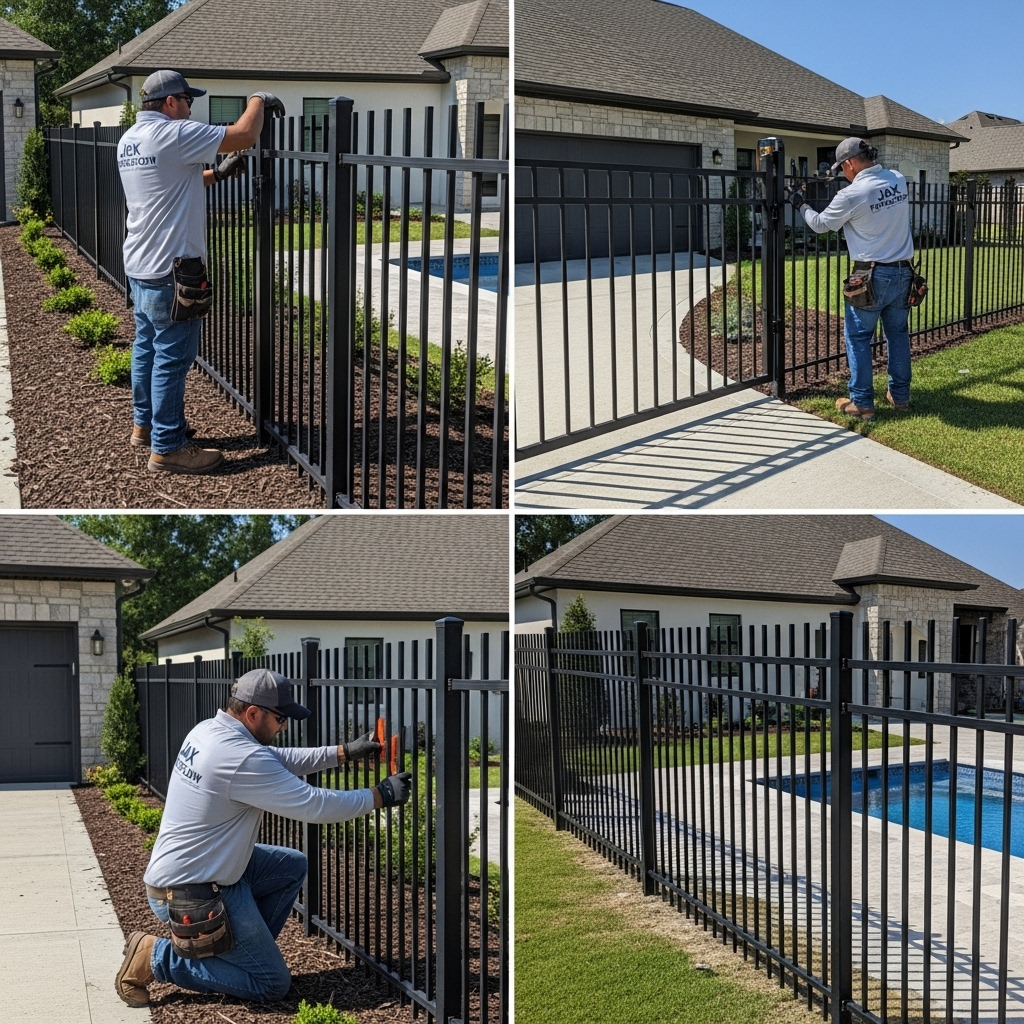 “Two Jax Fenceflow crew members in uniforms installing a custom aluminum fence with a matching gate at a residential property, showing precise alignment, tailored design, and professional craftsmanship.”