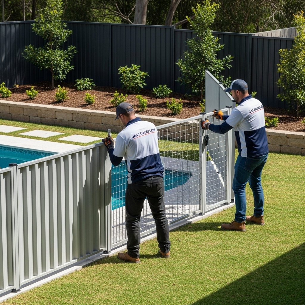 “Two Jax Fenceflow crew members in uniforms installing temporary fencing around a backyard pool and garden, showing safe, professional setup and protective modular panels.”