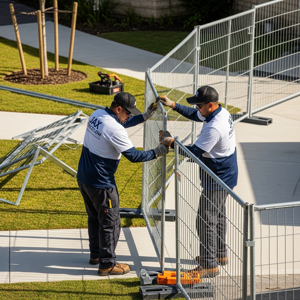 “Two Jax Fenceflow crew members in uniforms quickly installing temporary fencing at a residential or commercial property, showing efficient, professional work and modular fence panels.”