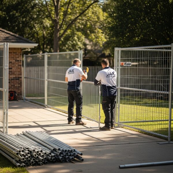 “Two Jax Fenceflow crew members in uniforms installing temporary freestanding and driveway fencing at a property, showing secure placement, modular panels, and professional workmanship.”