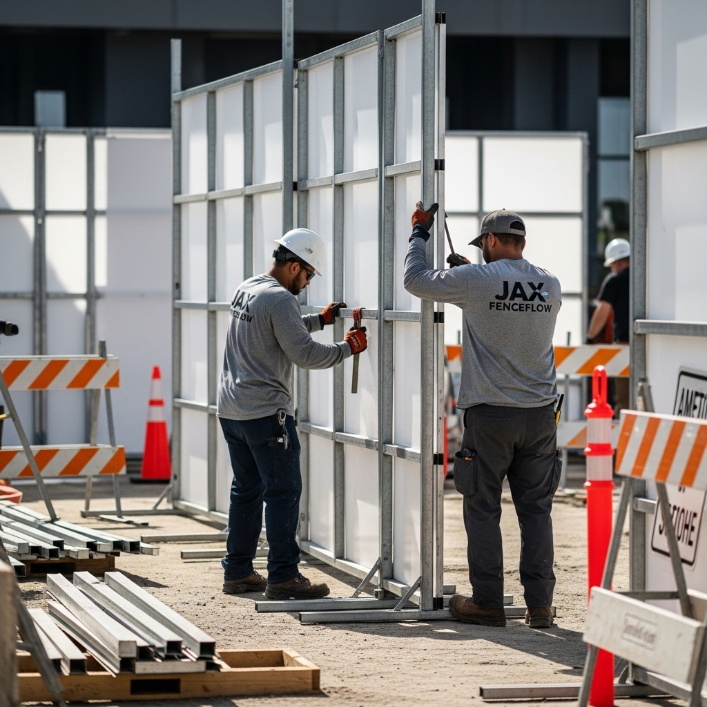 “Two Jax Fenceflow crew members in uniforms installing temporary barrier and hoarding panels at a construction or event site, showing secure placement and professional workmanship.”