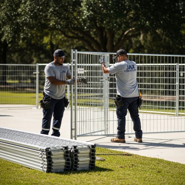 “Two Jax Fenceflow crew members in uniforms installing modular, removable temporary fencing at a property, showing secure setup, easy-to-move panels, and professional workmanship.”