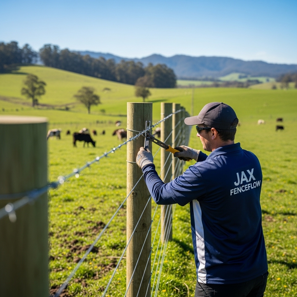 “A Jax Fenceflow crew member in uniform installing a wire farm fence in a rural pasture, with wooden posts, taut wire, grazing livestock, and rolling hills, showing professional and durable farm fence installation.”