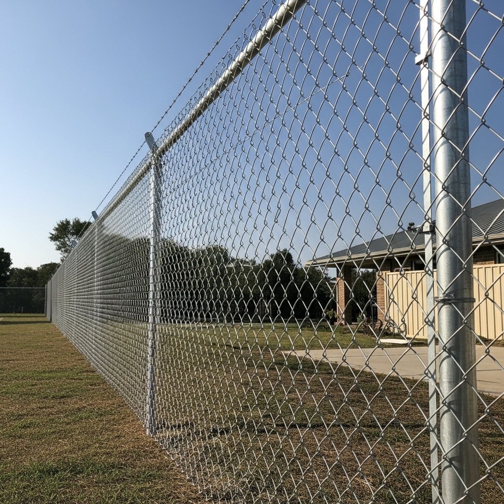 “Professionally installed chain link fence with galvanized steel posts, showing a strong, secure, and evenly aligned fence in a well-maintained outdoor setting.”