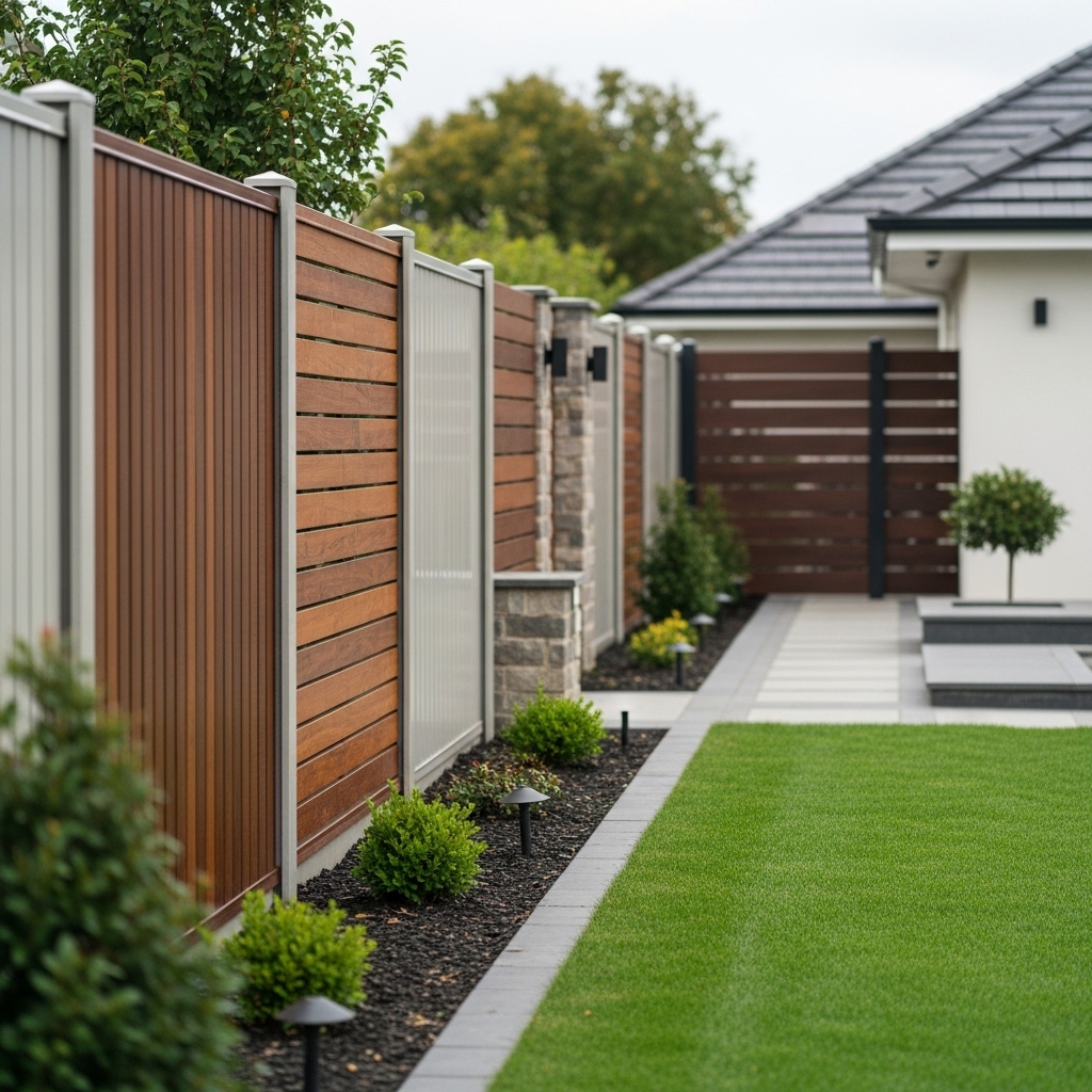 “Premium residential fencing with elegant aluminum and stained wood designs, showcasing high-quality craftsmanship and a clean, upscale outdoor setting.”
