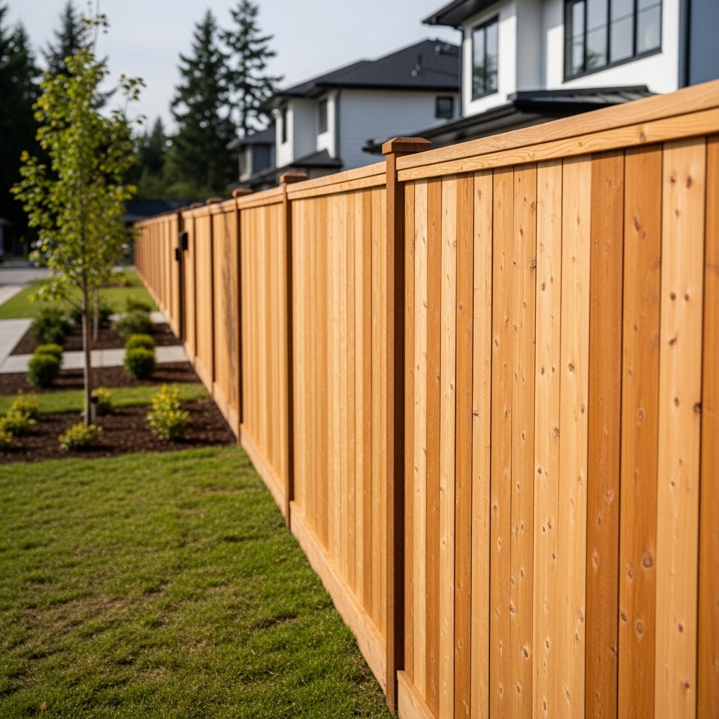 “High-quality wooden fence installed along a residential property, showcasing natural wood grain, durability, and professional craftsmanship in a bright outdoor setting.”