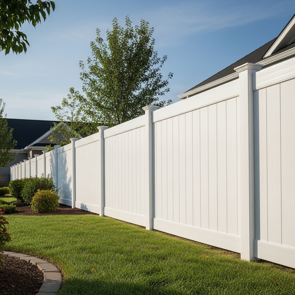 “Bright white vinyl fence installed at a well-maintained residential property, showcasing a clean, durable, and modern fencing style under natural sunlight.”