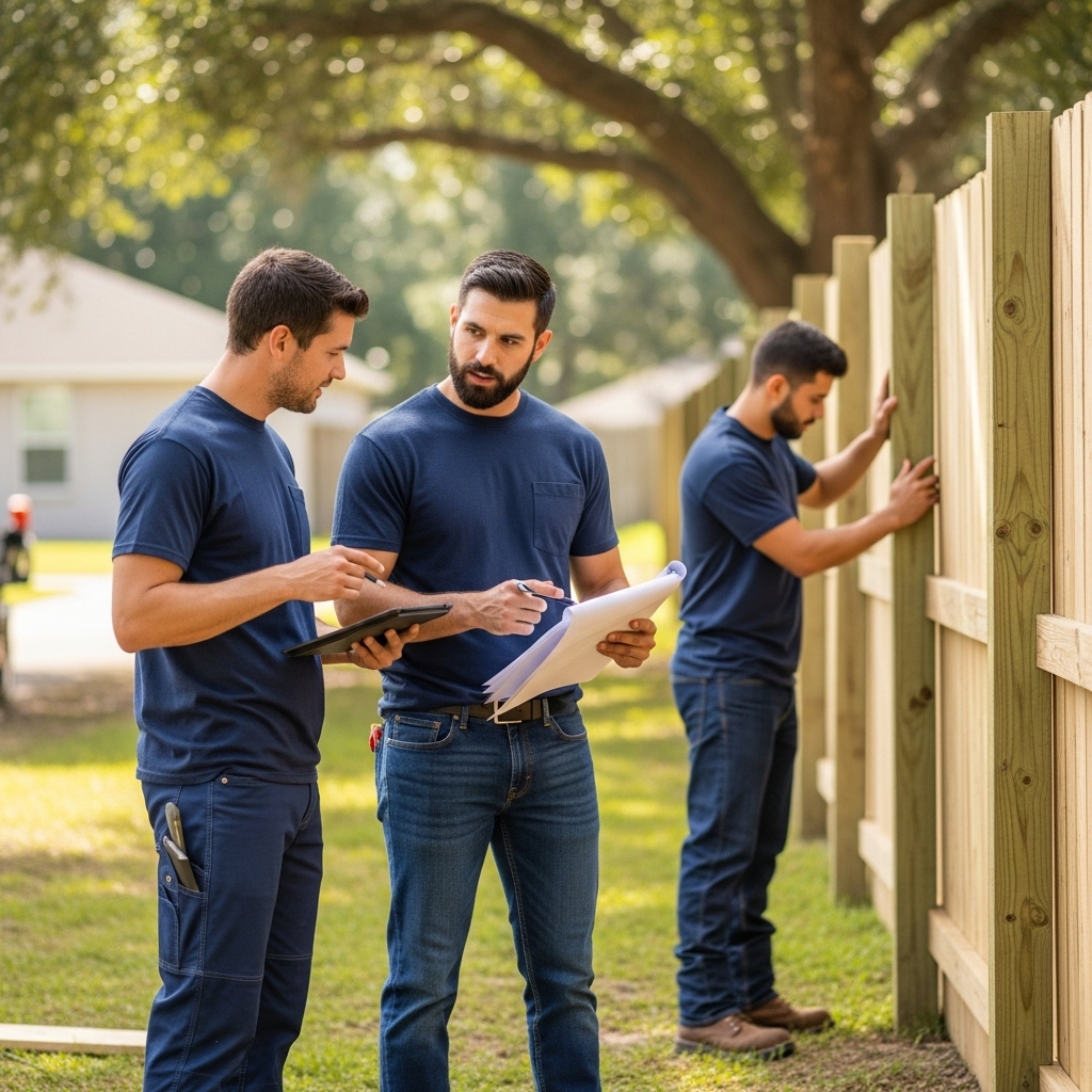 “Fence contractors discussing project details with a homeowner while inspecting a finished fence at a residential job site, representing clear communication, fair pricing, and quality craftsmanship.”