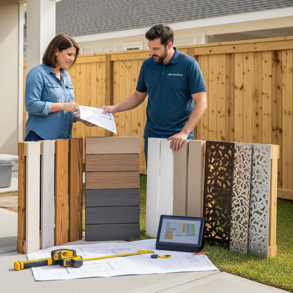 “Fence designer reviewing custom fence material options and layout plans with a homeowner at a residential property, highlighting personalized fence customization and design services.”