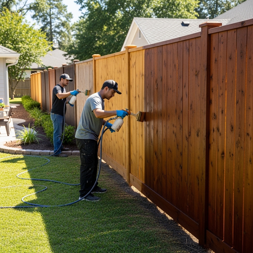 “Professional fence staining and painting service in progress, with workers applying rich stain to a wooden privacy fence, showing a smooth finish and realistic before-and-after detail in a sunlit backyard.”