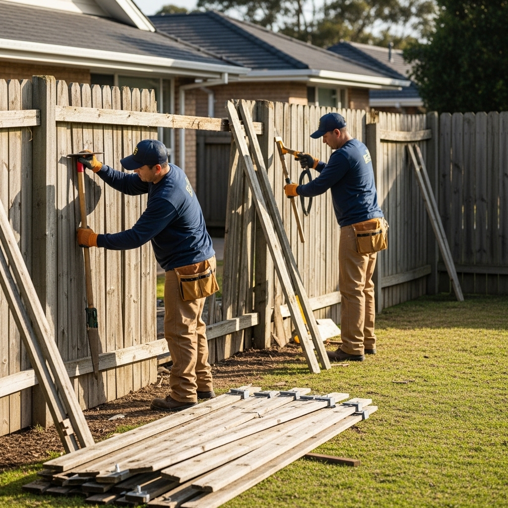 “Two professional workers carefully removing an old wooden fence at a residential property, with panels stacked nearby, using tools safely and efficiently in a clean, sunlit yard.”