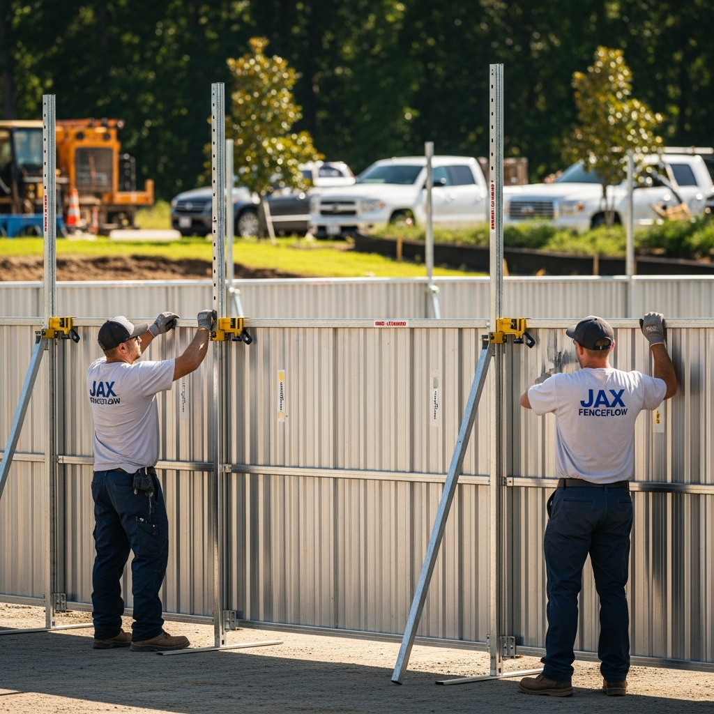 “Two Jax Fenceflow crew members in uniforms installing sturdy temporary fence panels at a construction or residential site, showing professional setup and secure, safe fencing.”