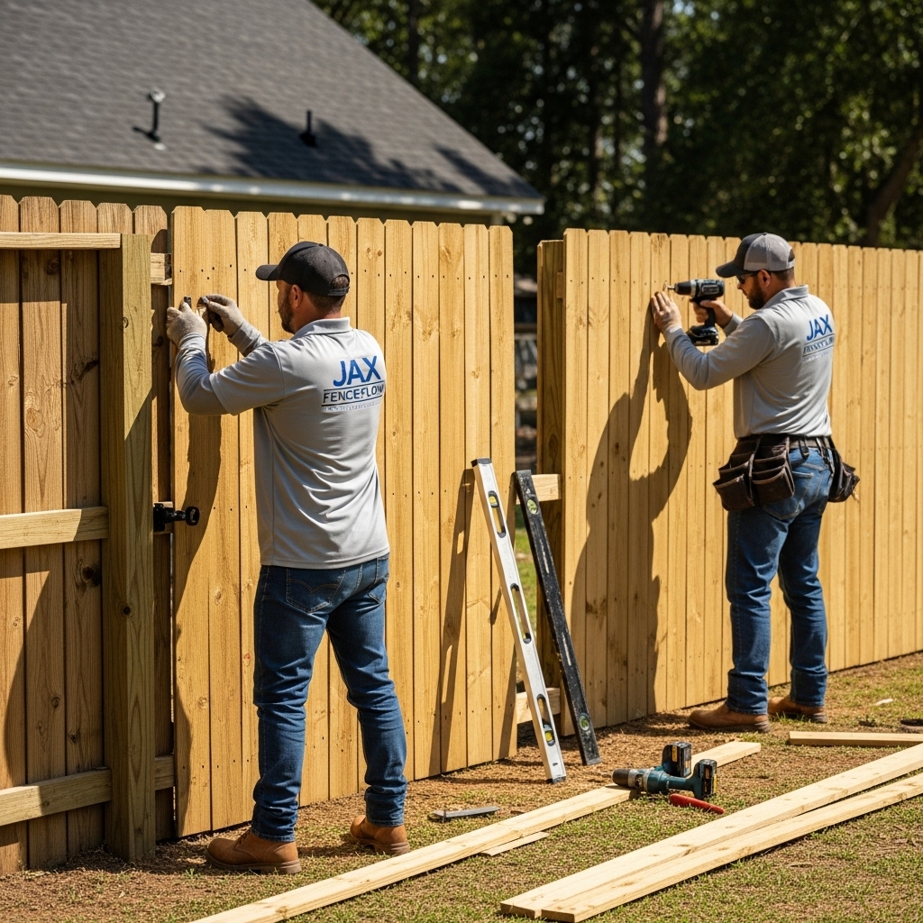 “Two Jax Fenceflow crew members in uniform installing a new fence and repairing a damaged section in a residential yard, showing professional workmanship and a clear before-and-after result.”